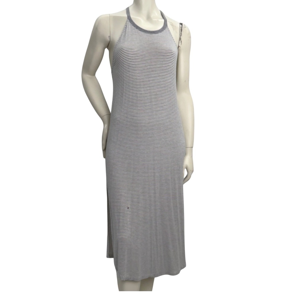 Racer Back Striped Jersey Maxi Dress BodyCon Spaghetti Strap Grey White Stain